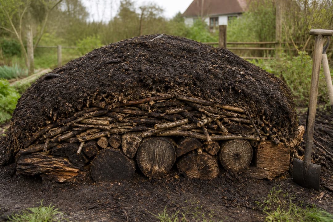Een Hügelkultur-heuvel in opbouw, met een schop ernaast in de tuin